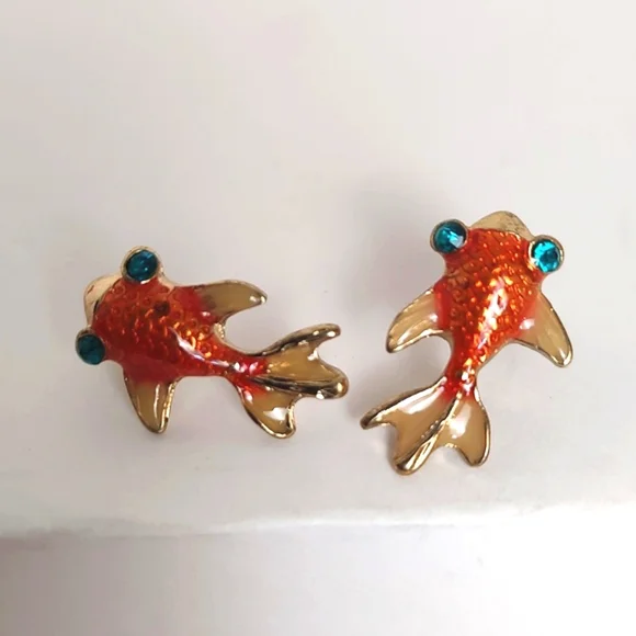 Betsy Johnson Goldfish Stud Earrings w/Rhinestone Accents - Picture 6 of 8